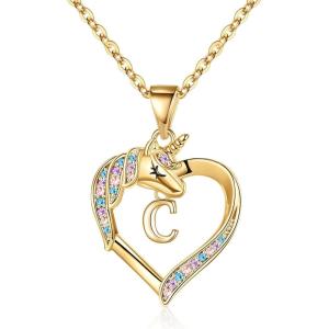 imageHidepoo Unicorn Necklace Gifts for Girls 14K Gold Plated Colorful CZ Heart Unicorn Necklace Girls Jewelry Initial Unicorn Necklaces for Girls Birthday Gifts Unicorn GiftsC