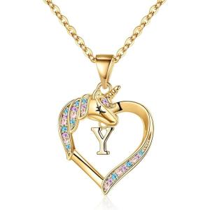 imageHidepoo Unicorn Necklace Gifts for Girls 14K Gold Plated Colorful CZ Heart Unicorn Necklace Girls Jewelry Initial Unicorn Necklaces for Girls Birthday Gifts Unicorn GiftsY