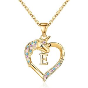 imageHidepoo Unicorn Necklace Gifts for Girls 14K Gold Plated Colorful CZ Heart Unicorn Necklace Girls Jewelry Initial Unicorn Necklaces for Girls Birthday Gifts Unicorn GiftsE