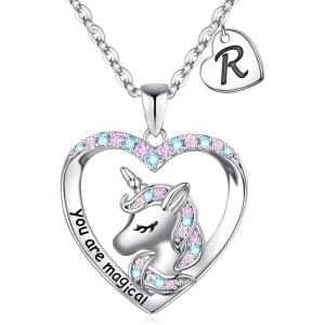 imageHidepoo Unicorn Necklace for Girls Gifts  14K White Gold Plated CZ Heart Pendant Unicorn Necklace Gifts Jewelry Letter Initial Unicorn Necklaces Unicorns Gifts Birthday Gifts for Girls Teen GirlsR