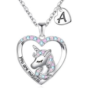 imageHidepoo Unicorn Necklace for Girls Gifts  14K White Gold Plated CZ Heart Pendant Unicorn Necklace Gifts Jewelry Letter Initial Unicorn Necklaces Unicorns Gifts Birthday Gifts for Girls Teen GirlsA