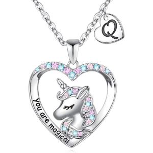 imageHidepoo Unicorn Necklace for Girls Gifts  14K White Gold Plated CZ Heart Pendant Unicorn Necklace Gifts Jewelry Letter Initial Unicorn Necklaces Unicorns Gifts Birthday Gifts for Girls Teen GirlsQ