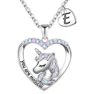 imageHidepoo Unicorn Necklace for Girls Gifts  14K White Gold Plated CZ Heart Pendant Unicorn Necklace Gifts Jewelry Letter Initial Unicorn Necklaces Unicorns Gifts Birthday Gifts for Girls Teen GirlsE