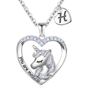 imageHidepoo Unicorn Necklace for Girls Gifts  14K White Gold Plated CZ Heart Pendant Unicorn Necklace Gifts Jewelry Letter Initial Unicorn Necklaces Unicorns Gifts Birthday Gifts for Girls Teen GirlsH