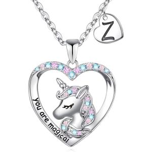 imageHidepoo Unicorn Necklace for Girls Gifts  14K White Gold Plated CZ Heart Pendant Unicorn Necklace Gifts Jewelry Letter Initial Unicorn Necklaces Unicorns Gifts Birthday Gifts for Girls Teen GirlsZ