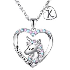 imageHidepoo Unicorn Necklace for Girls Gifts  14K White Gold Plated CZ Heart Pendant Unicorn Necklace Gifts Jewelry Letter Initial Unicorn Necklaces Unicorns Gifts Birthday Gifts for Girls Teen GirlsK