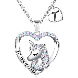 imageHidepoo Unicorn Necklace for Girls Gifts  14K White Gold Plated CZ Heart Pendant Unicorn Necklace Gifts Jewelry Letter Initial Unicorn Necklaces Unicorns Gifts Birthday Gifts for Girls Teen GirlsT