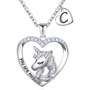 imageHidepoo Unicorn Necklace for Girls Gifts  14K White Gold Plated CZ Heart Pendant Unicorn Necklace Gifts Jewelry Letter Initial Unicorn Necklaces Unicorns Gifts Birthday Gifts for Girls Teen GirlsC