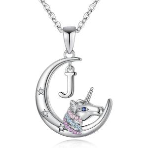 imageHidepoo Unicorns Gifts  14K WhiteRose GoldGold Plated Crescent Moon Pendant Unicorn Necklaces Colorful CZ Initial Unicorn Necklace Jewelry Birthday Gifts Unicorn Gifts for WomenSilverJ