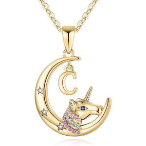 imageHidepoo Unicorns Gifts  14K WhiteRose GoldGold Plated Crescent Moon Pendant Unicorn Necklaces Colorful CZ Initial Unicorn Necklace Jewelry Birthday Gifts Unicorn Gifts for WomenGoldC