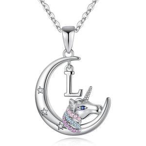 imageHidepoo Unicorns Gifts  14K WhiteRose GoldGold Plated Crescent Moon Pendant Unicorn Necklaces Colorful CZ Initial Unicorn Necklace Jewelry Birthday Gifts Unicorn Gifts for WomenSilverL