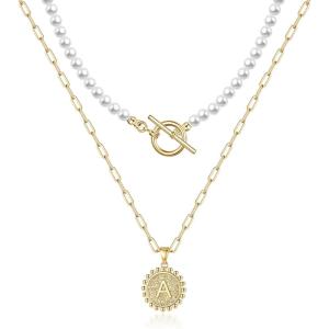 imageGold Initial Pearl Necklace for Women 14K Gold Plated Paperclip Link Chain Layered Necklace Toggle Clasp Coin Pendant Letter A Necklace Choker Pearl Necklaces Women Gold Jewelry Gifts