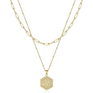 imageLayered Initial Necklaces for Women 14K Gold Plated Paperclip Chain Necklace for Women Beads Chain Hexagon Letter A Pendant Necklace Gold Initial Necklaces for Women Layering Necklace Jewelry