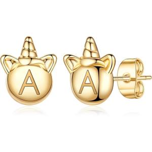 imageUnicorns Gifts for Girls Earrings S925 Sterling Silver Post Gold Plated Letter A Initial Stud Earrings Unicorn Stud Earrings for Girls Women Unicorn Lovely Gifts Jewelry for Kids