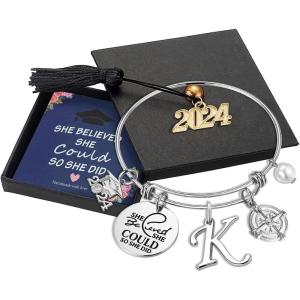 imageHidepoo Inspirational Graduation Gifts for Women Bracelet Engraved Inspirational Compass Graduation Bangle She Believed She Could So She Did Letter K Charm Bracelet Graduation Gifts for Her 2024