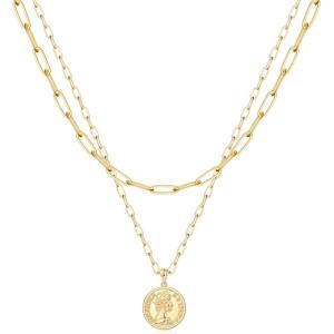 image:imageHidepoo Gold Layered Necklaces for Women 14K Gold Plated Dainty Coin Pendant Choker Necklace Herringbone Snake Necklace Paperclip Chain Layered Necklaces for Women Jewelry Gifts2 LayerLink ChainElizabeth Coin