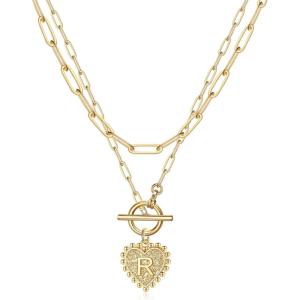 image:imageLayered Gold Initial Necklaces for Women 14K Gold Plated Paperclip Chain Necklace Heart Letter Pendant Toggle Clasp Choker Necklaces for Women Gold Layered Initial Necklaces for Women Jewelry